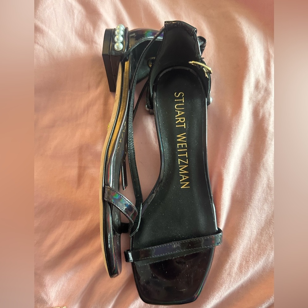 Stewart Weitzman Pearl Flat Sandal, black w/ white pearls, size 5.5